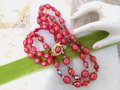 Vintage JUDY LEE Bead Necklace Red Crystal Two Strand Bib Plastic Rasberry Moonglow Designer Mid Century Jewelry Gift, VivianJoel.com