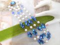 Vintage Blue Crystal Bead Necklace Double Strand Flower Rivoli Faux Pearl Choker Collar Glam Mid Century Jewelry Gift, VivianJoel.com
