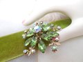 Vintage Green Flower Pin Rhinestone Brooch Aurora Borealis Crystal Layered Mid Century Jewelry Gift, VivianJoel.com