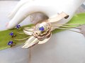 Vintage HARRY ISKIN Brooch Gold Fill Two Tone GF Pin Cobalt Blue Rhinestone Flower Designer Mid Century Gift, VivianJoel.com