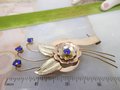 Vintage HARRY ISKIN Brooch Gold Fill Two Tone GF Pin Cobalt Blue Rhinestone Flower Designer Mid Century Gift, VivianJoel.com