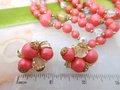 Vintage JUDY LEE Bead Necklace Earrings Set Crystal Rose Pink Plastic Long Gold Filigree Designer Mid Century Jewelry Gift, VivianJoel.com