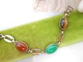 Vintage SYMMETALIC Bracelet STERLING SILVER Gemstone Link Tiger Eye Carnelian Chain Mid Century Designer Jewelry Gift, VivianJoel.com