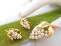 Vintage Crown TRIFARI Brooch Earrings Set Faux Pearl Grape Pin Gold Plate Classic Designer Demi Parure Jewelry Mid Century, VivianJoel.com