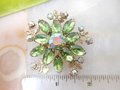 Vintage Green Flower Pin Rhinestone Brooch Aurora Borealis Crystal Layered Mid Century Jewelry Gift, VivianJoel.com