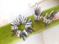 Vintage JULIANA Starburst Flower Brooch Earrings Set Hematite Pin Rhinestone Crystal Designer Verified Mid Century Jewelry, VivianJoel.com