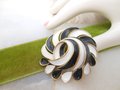 Vintage Crown TRIFARI Enamel Swirl Brooch Pinwheel Mod Pin Black White Gold Plate Classic Designer Jewelry Mid Century, VivianJoel.com