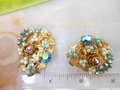 Vintage Cluster Flower Earrings Rhinestone Clip On Ornate Seed Pearl Aurora Borealis Mid Century Jewelry *As Is*, VivianJoel.com