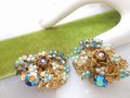 Vintage Cluster Flower Earrings Rhinestone Clip On Ornate Seed Pearl Aurora Borealis Mid Century Jewelry *As Is*, VivianJoel.com