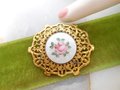 Vintage Pink Rose Brooch Enamel Guilloche Flower Pin Ornate Gold Plate Regency Victorian Revival Jewelry Gift Mid Century, VivianJoel.com