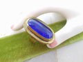 Vintage RAFAEL CANADA Statement Ring Brass Cobalt Blue Glass Artisan Brutalist Modernist Designer Jewelry Gift Size 8.5, VivianJoel.com