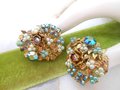 Vintage Cluster Flower Earrings Rhinestone Clip On Ornate Seed Pearl Aurora Borealis Mid Century Jewelry *As Is*, VivianJoel.com