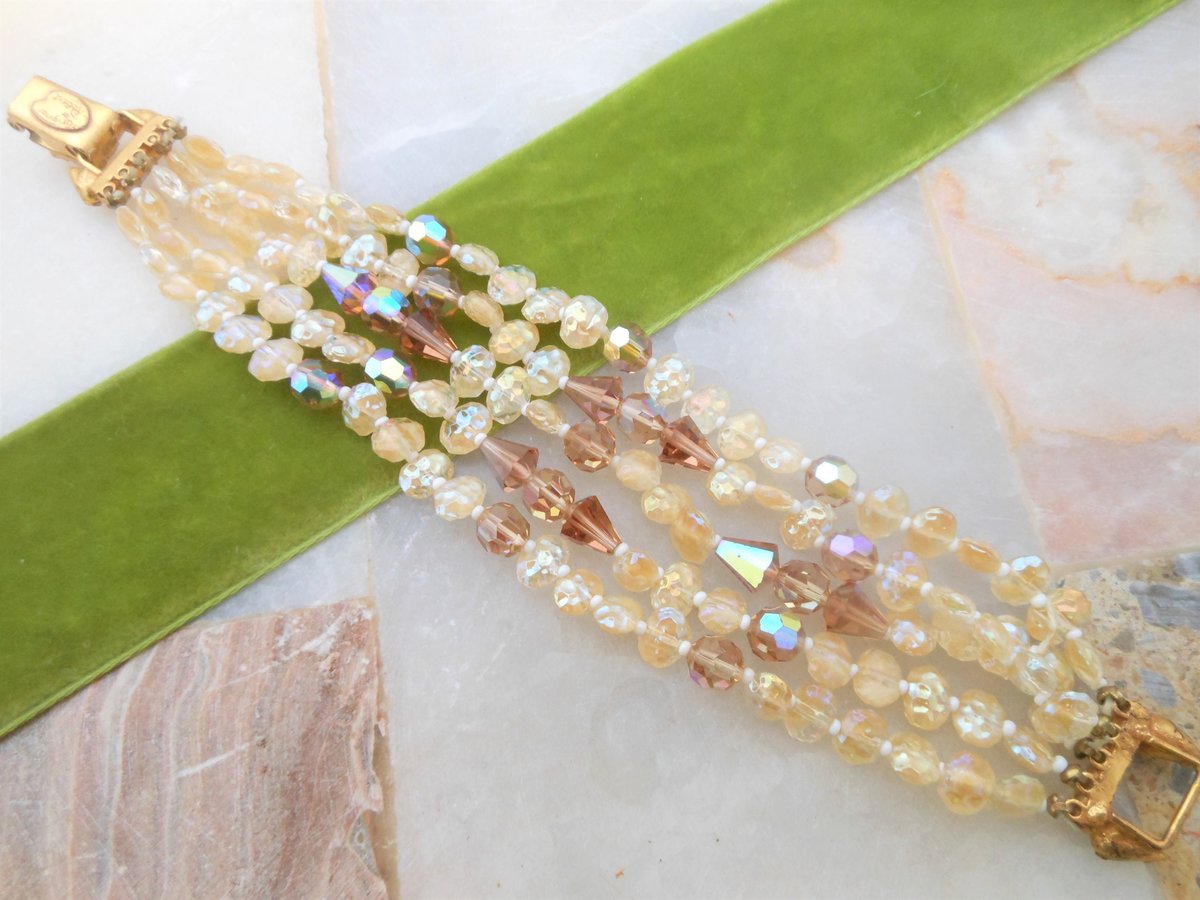 Vintage ROBERT ORIGINAL Bead Bracelet 5 Strand Art Glass Crystal Designer Wide Cuff Mid Century Jewelry Gift, VivianJoel.com