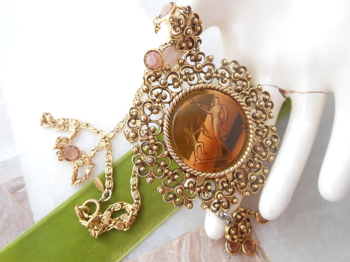 Vintage GOLDETTE Necklace Victorian Revival Pendant Chain Ornate Designer Cameo Glass Intaglio Mid Century, VivianJoel.com