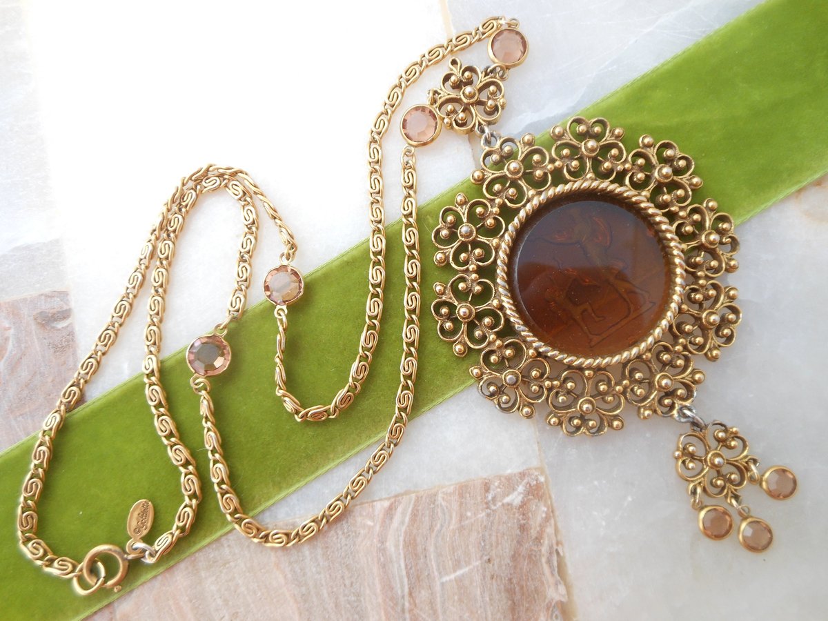 Vintage GOLDETTE Necklace Victorian Revival Pendant Chain Ornate Designer Cameo Glass Intaglio Mid Century, VivianJoel.com