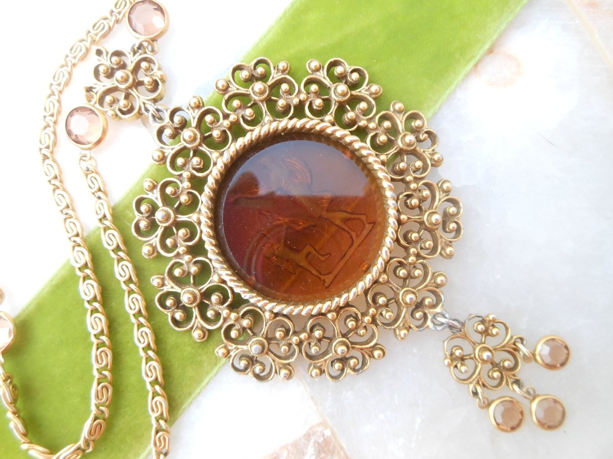 Vintage GOLDETTE Necklace Victorian Revival Pendant Chain Ornate Designer Cameo Glass Intaglio Mid Century, VivianJoel.com