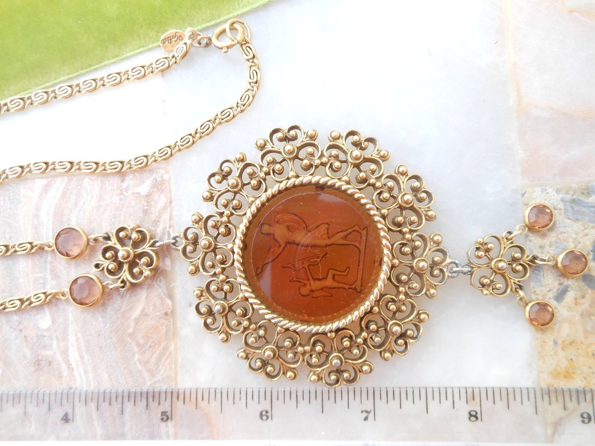 Vintage GOLDETTE Necklace Victorian Revival Pendant Chain Ornate Designer Cameo Glass Intaglio Mid Century, VivianJoel.com