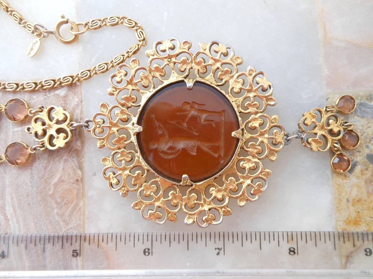 Vintage GOLDETTE Necklace Victorian Revival Pendant Chain Ornate Designer Cameo Glass Intaglio Mid Century, VivianJoel.com