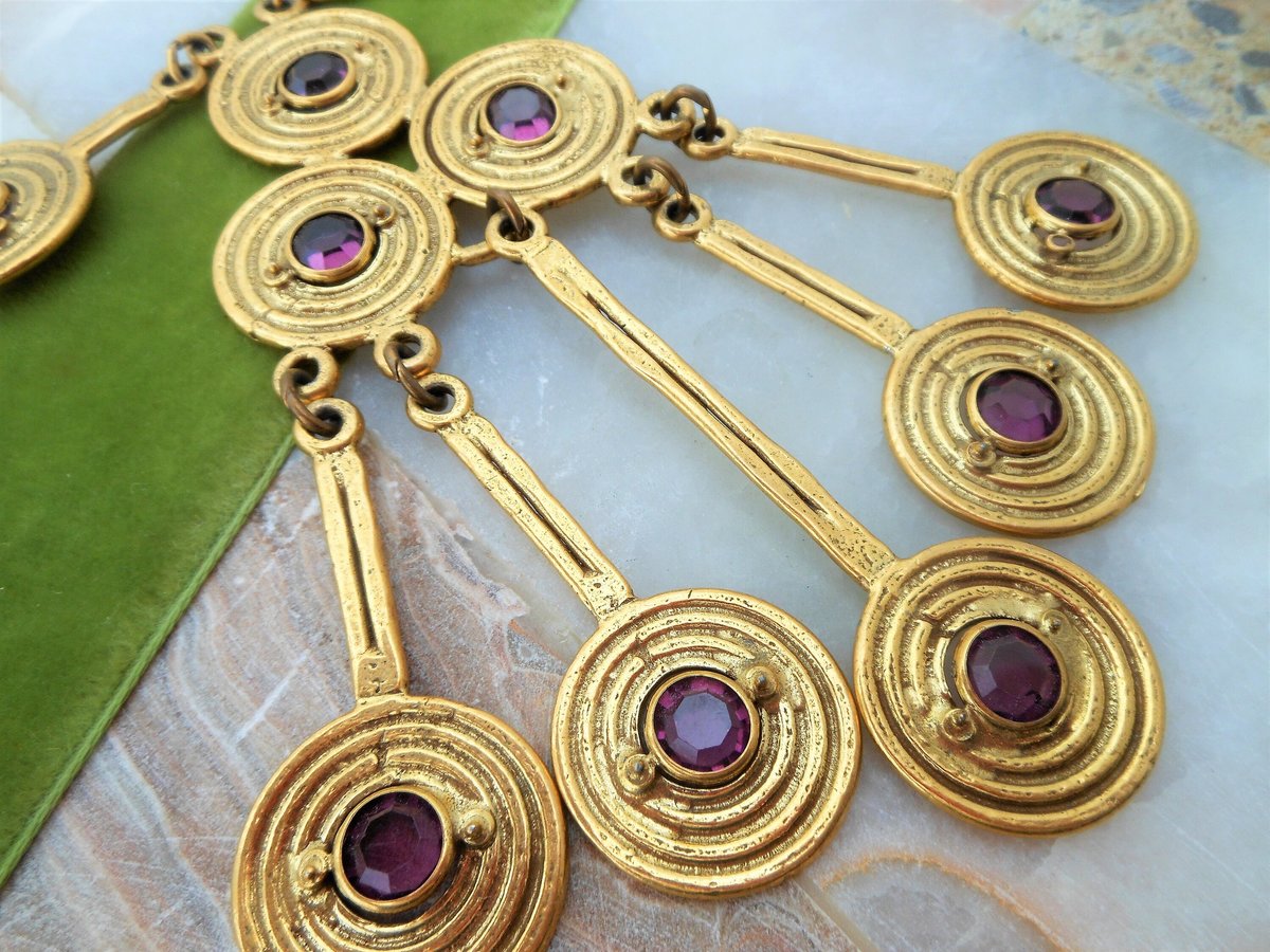 Vintage GOLDETTE Egyptian Revival Huge Etruscan Pendant Necklace Dangle Amethyst Crystal Runway Statement Mid Century, VivianJoel.com