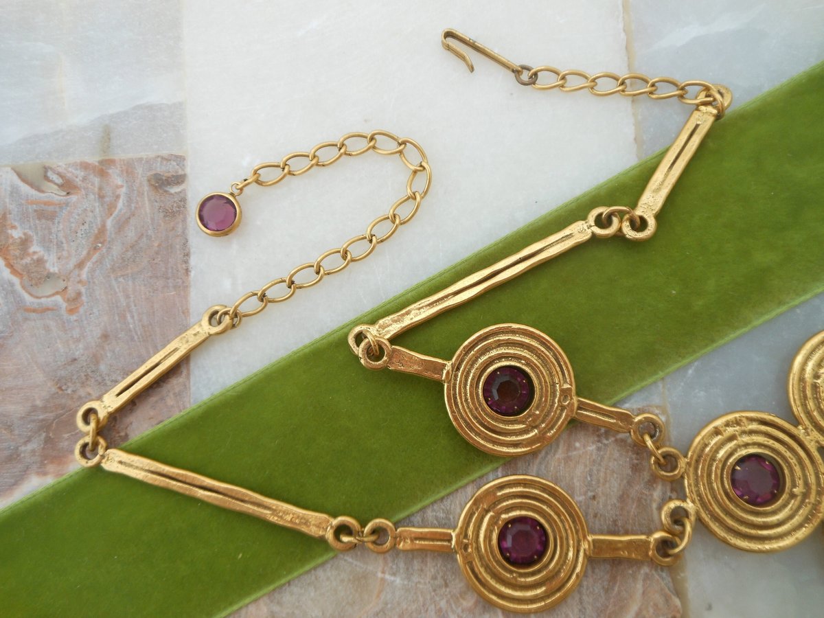 Vintage GOLDETTE Egyptian Revival Huge Etruscan Pendant Necklace Dangle Amethyst Crystal Runway Statement Mid Century, VivianJoel.com