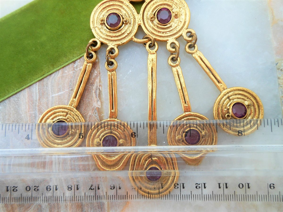 Vintage GOLDETTE Egyptian Revival Huge Etruscan Pendant Necklace Dangle Amethyst Crystal Runway Statement Mid Century, VivianJoel.com