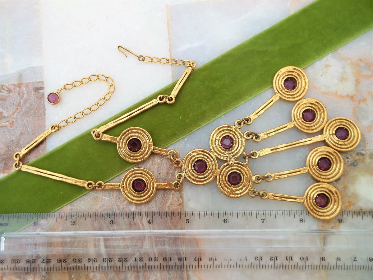 Vintage GOLDETTE Egyptian Revival Huge Etruscan Pendant Necklace Dangle Amethyst Crystal Runway Statement Mid Century, VivianJoel.com