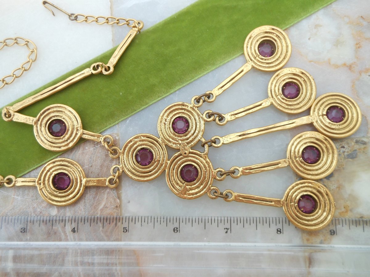 Vintage GOLDETTE Egyptian Revival Huge Etruscan Pendant Necklace Dangle Amethyst Crystal Runway Statement Mid Century, VivianJoel.com