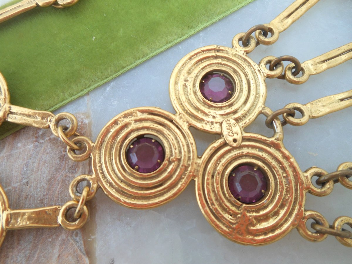 Vintage GOLDETTE Egyptian Revival Huge Etruscan Pendant Necklace Dangle Amethyst Crystal Runway Statement Mid Century, VivianJoel.com