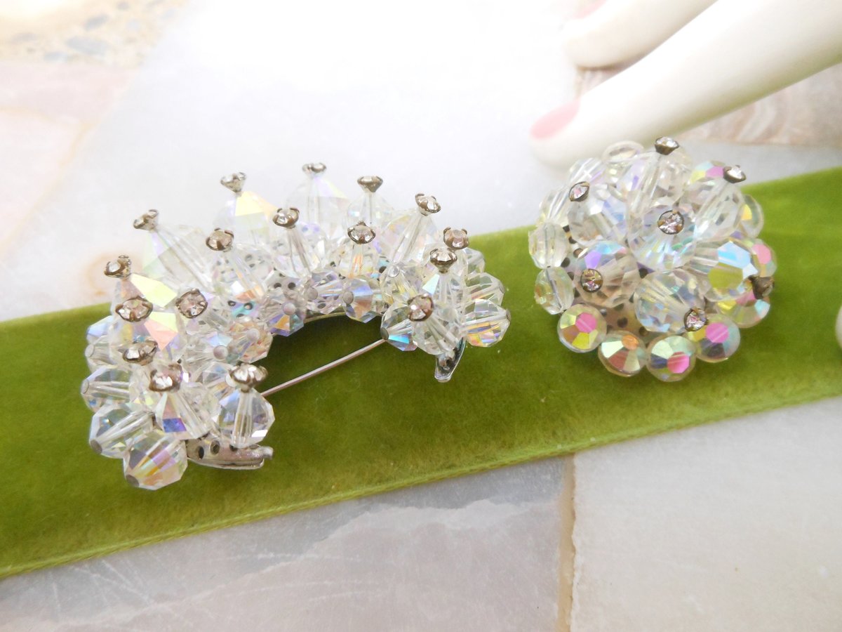 Vintage Crystal Moon Sun Pin Brooch SET Rhinestone Iridescent Cluster Bead Mid Century Jewelry Gift, VivianJoel.com