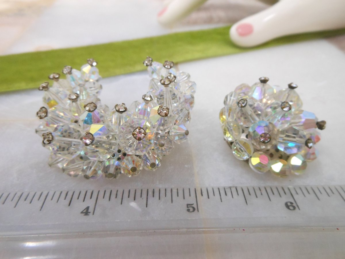 Vintage Crystal Moon Sun Pin Brooch SET Rhinestone Iridescent Cluster Bead Mid Century Jewelry Gift, VivianJoel.com