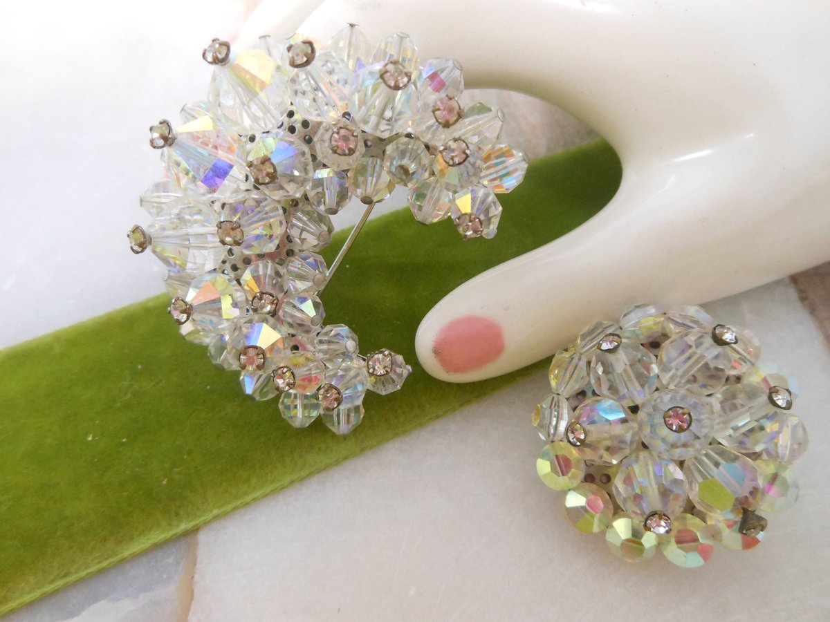 Vintage Crystal Moon Sun Pin Brooch SET Rhinestone Iridescent Cluster Bead Mid Century Jewelry Gift, VivianJoel.com