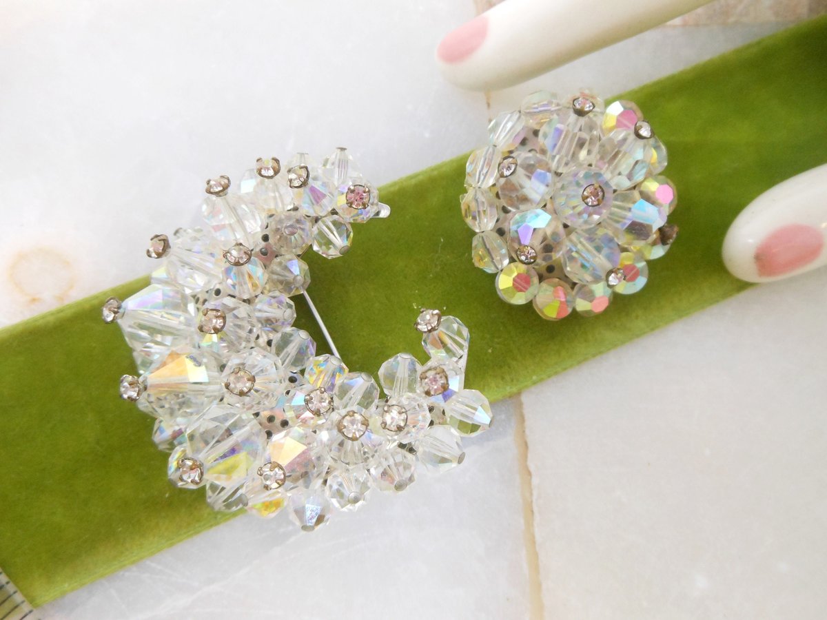 Vintage Crystal Moon Sun Pin Brooch SET Rhinestone Iridescent Cluster Bead Mid Century Jewelry Gift, VivianJoel.com