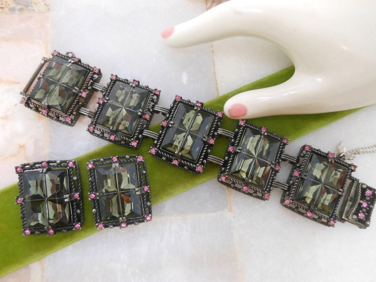 Vintage SARAH COVENTRY Bracelet Earring SET 1960s Midnight Magic Pink Rhinestone Gray Glass Designer Mid CenturyJewelry, VivianJoel.com