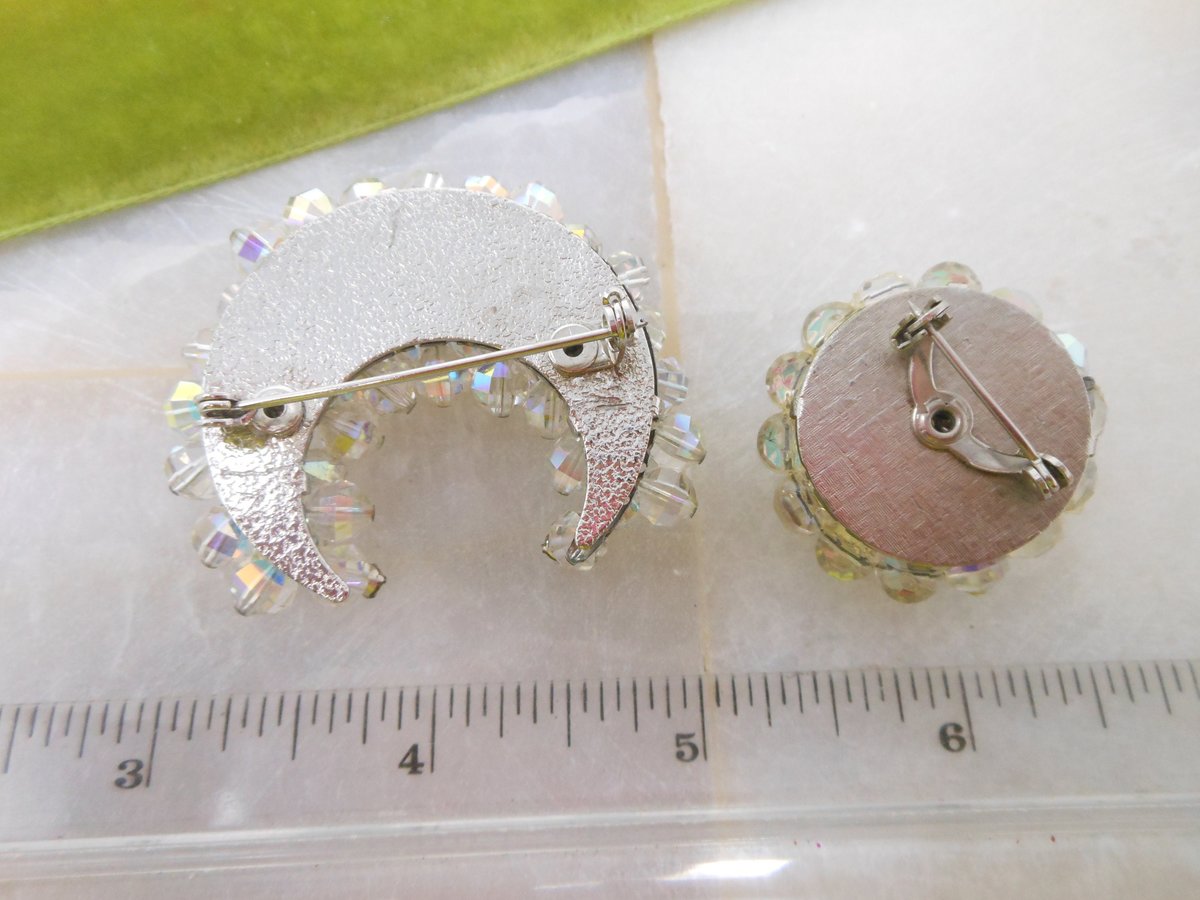Vintage Crystal Moon Sun Pin Brooch SET Rhinestone Iridescent Cluster Bead Mid Century Jewelry Gift, VivianJoel.com