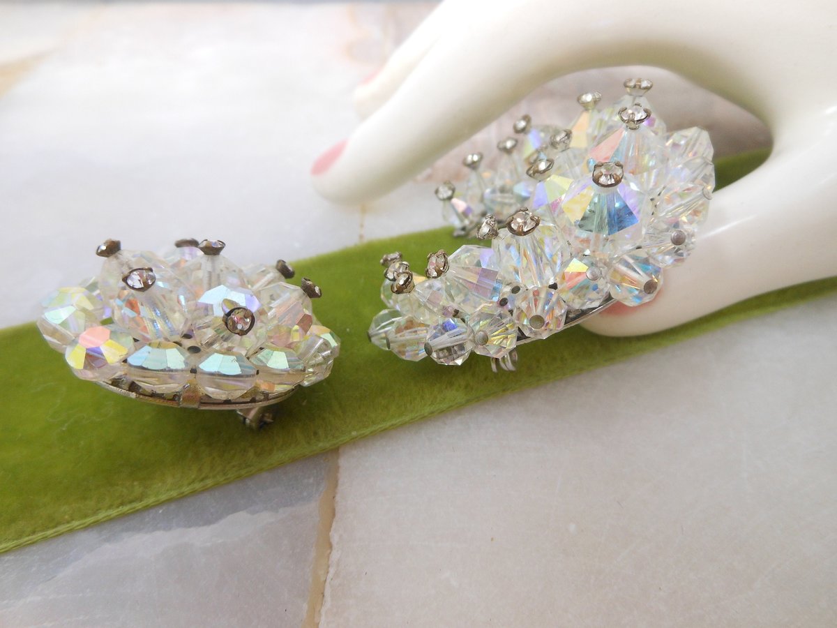 Vintage Crystal Moon Sun Pin Brooch SET Rhinestone Iridescent Cluster Bead Mid Century Jewelry Gift, VivianJoel.com