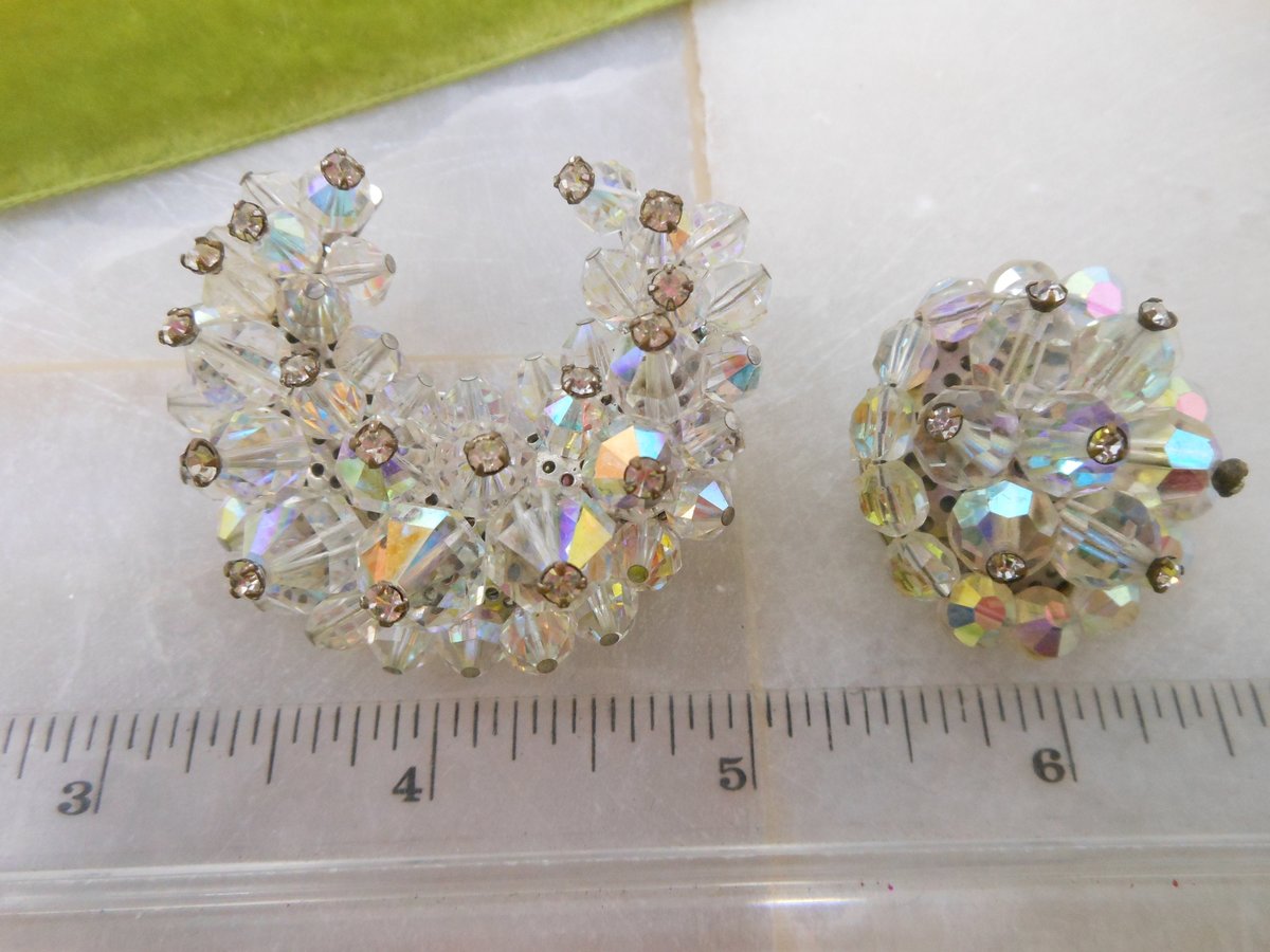 Vintage Crystal Moon Sun Pin Brooch SET Rhinestone Iridescent Cluster Bead Mid Century Jewelry Gift, VivianJoel.com