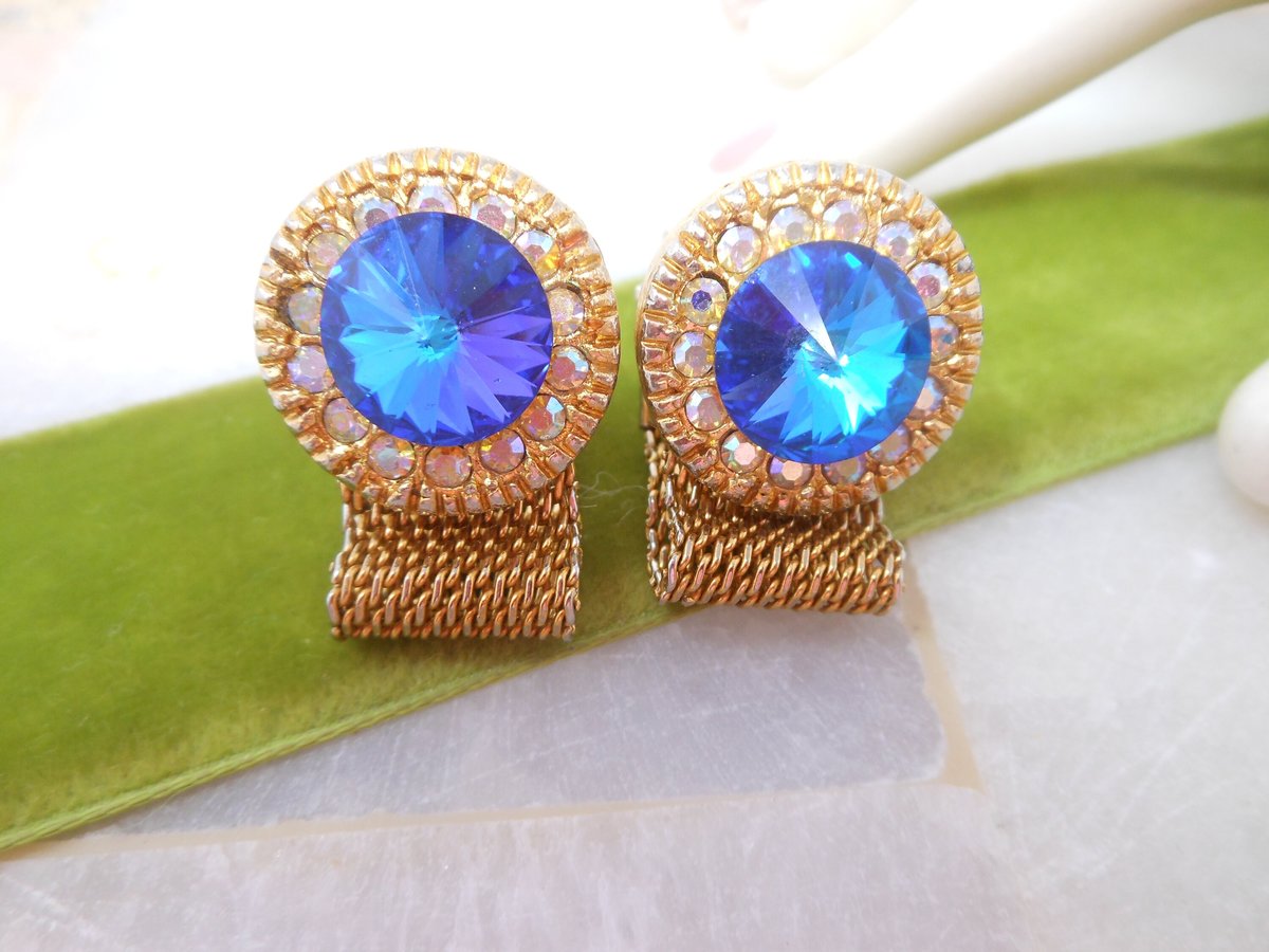 Vintage Blue Crystal Rivoli Cufflinks Gold Tone Groom Best Man Mid Century Cuff Link Jewelry Gift,  VivianJoel.com