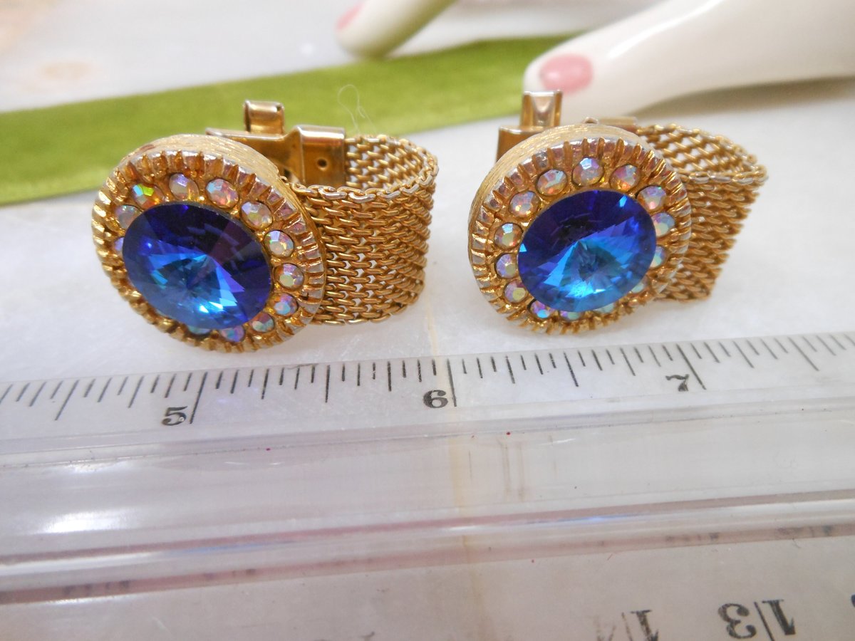Vintage Blue Crystal Rivoli Cufflinks Gold Tone Groom Best Man Mid Century Cuff Link Jewelry Gift,  VivianJoel.com