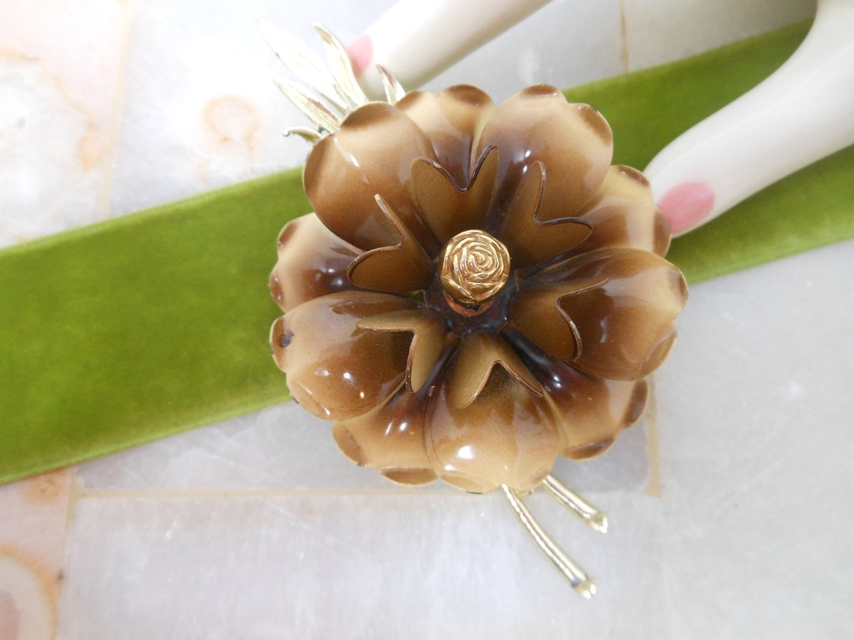 Vintage CORO Flower Brooch Coffee Latte Designer Pin Enamel Mum Mid Century Jewelry Gift, VivianJoel.com