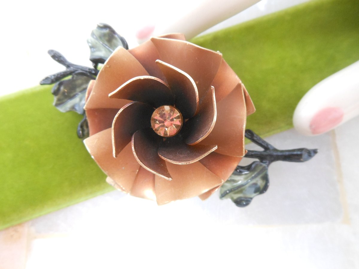 Vintage CORO Brooch Bronze Copper Flower Pin Designer Crystal Rhinestone Enamel Corsage Jewelry Mid Century, VivianJoel.com