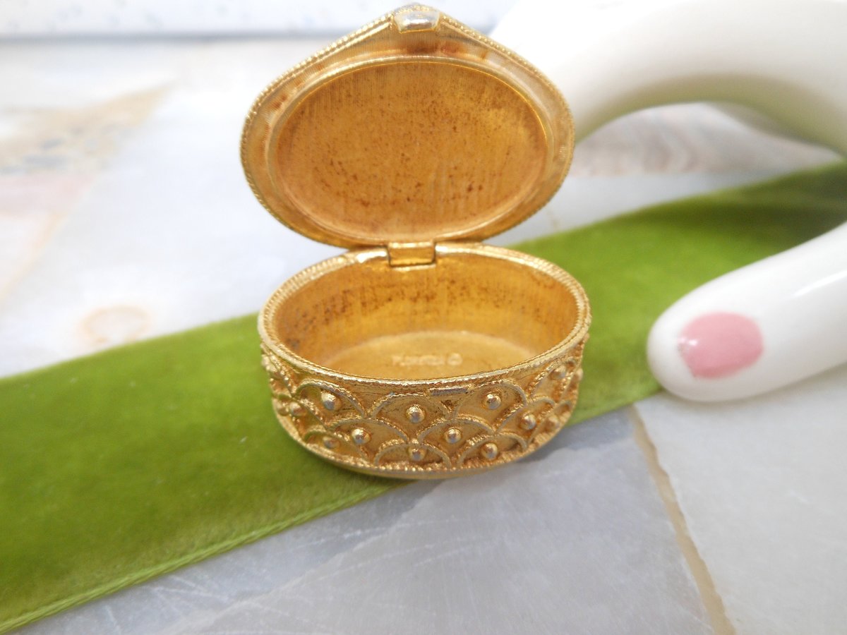 Vintage FLORENZA Trinket Ring Jewelry Pill Box Art Glass Mogul Gold Gilt Mid Century Jewelry Gift, VivianJoel.com