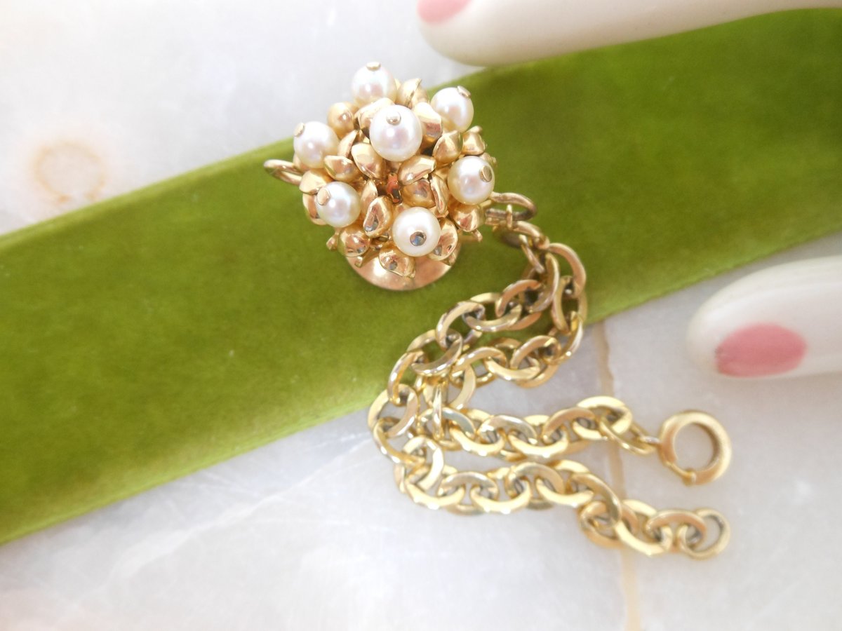 Vintage Victorian Charm Bracelet REIS COMPANY Gold Fill Flower Basket Pearl GF Designer Mid Century Gift, VivianJoel.com