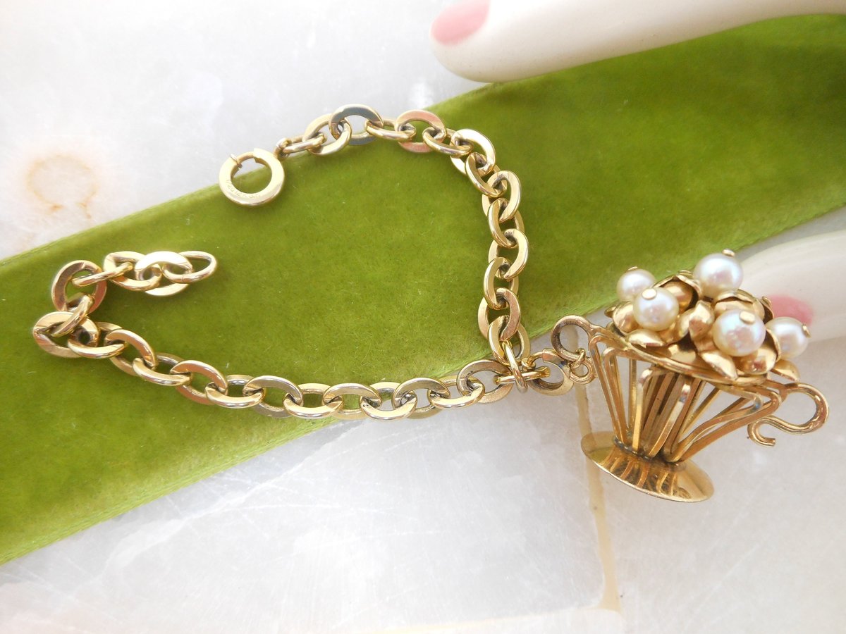 Vintage Victorian Charm Bracelet REIS COMPANY Gold Fill Flower Basket Pearl GF Designer Mid Century Gift, VivianJoel.com