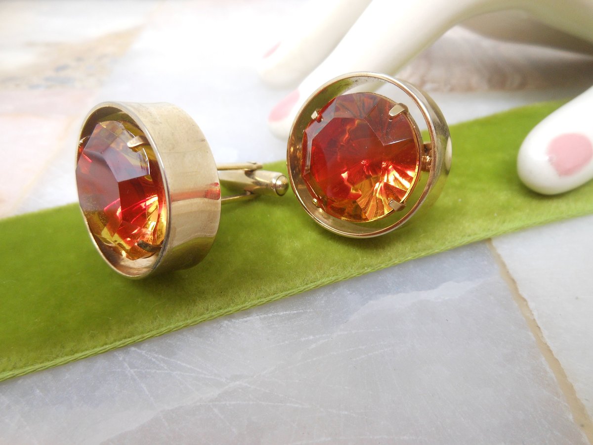 Vintage Huge Cufflinks Crystal Rivoli Gold Tone Disco Groom Best Man Mid Century Cuff Link Jewelry Gift,  VivianJoel.com