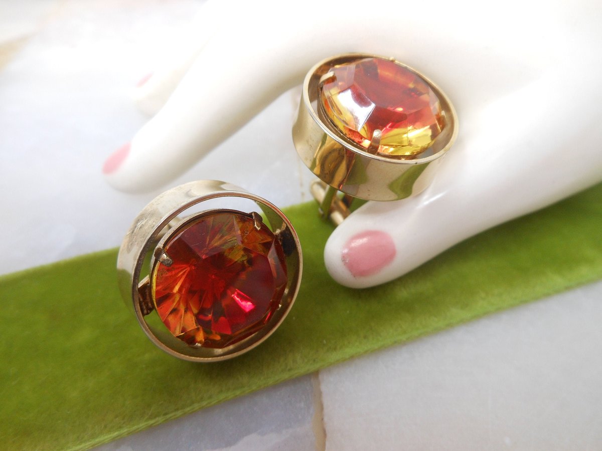 Vintage Huge Cufflinks Crystal Rivoli Gold Tone Disco Groom Best Man Mid Century Cuff Link Jewelry Gift,  VivianJoel.com