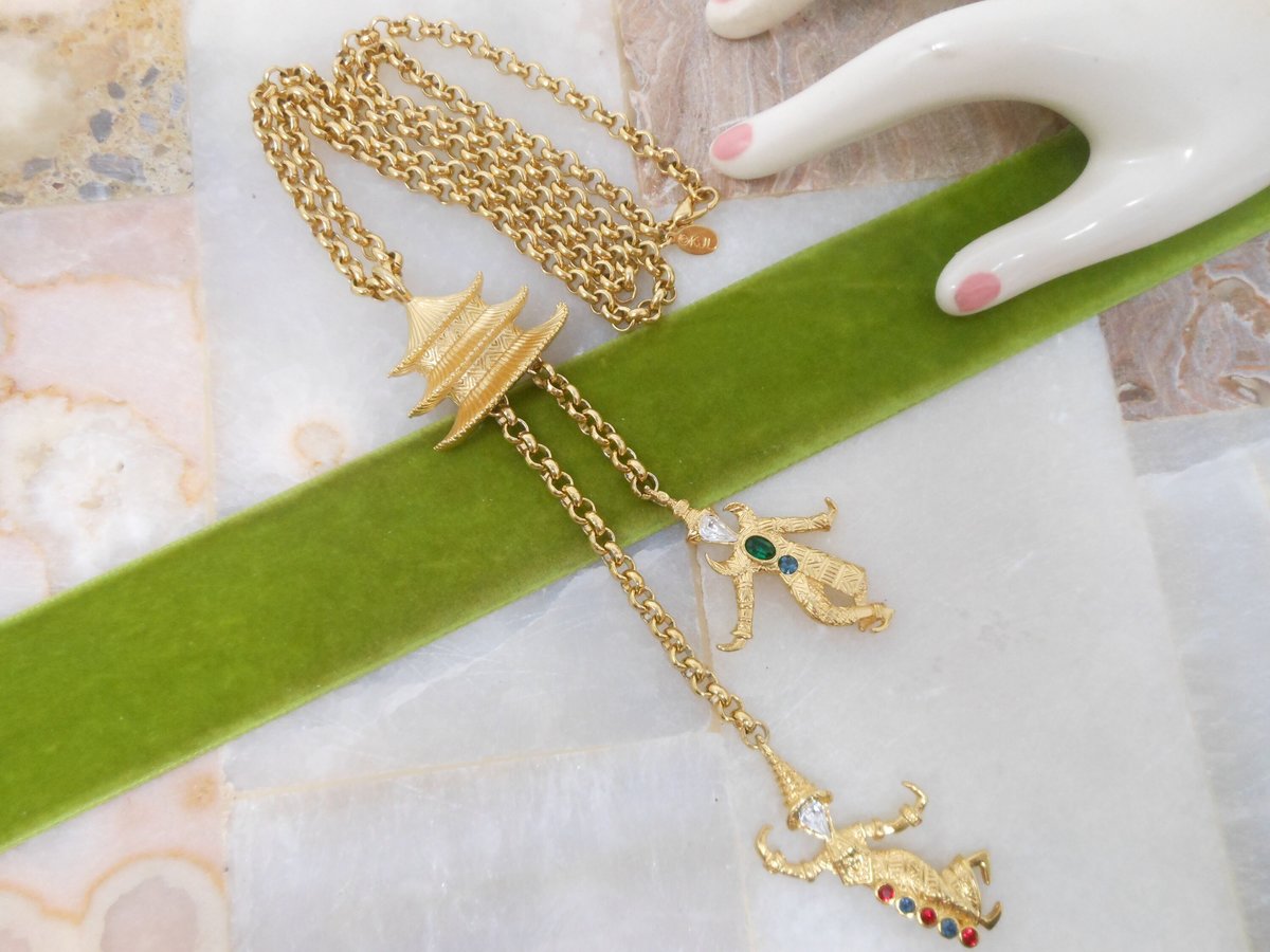 Vintage KJL KENNETH Jay LANE Pagoda Necklace Dangle Pendant Figural Asian Revival Runway Statement, VivianJoel.com