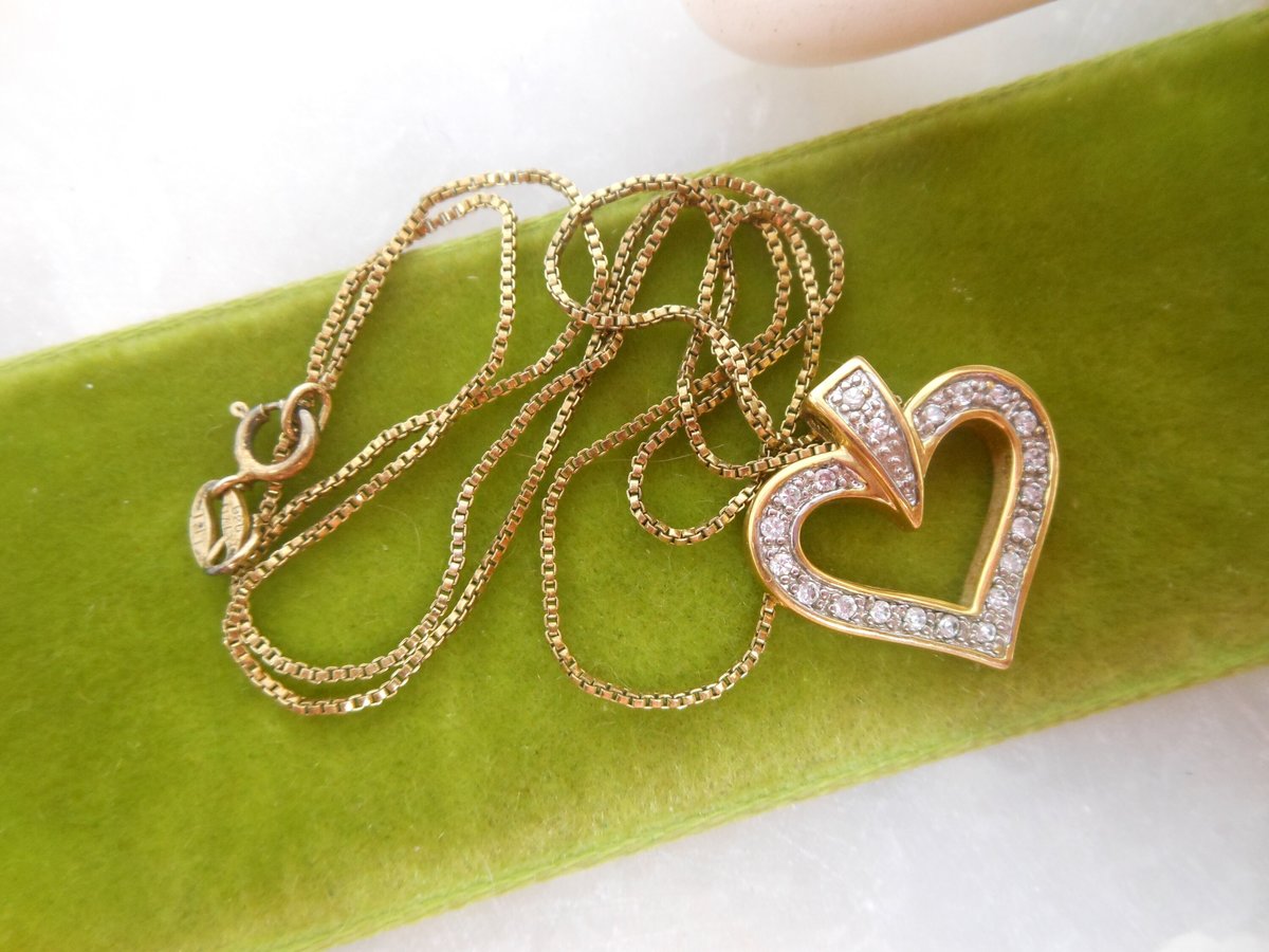 Vintage STERLING SILVER Heart Necklace Pendant Gold Vermiel CZ Crystal 925 Valentine Love Jewelry Gift, VivianJoel.com