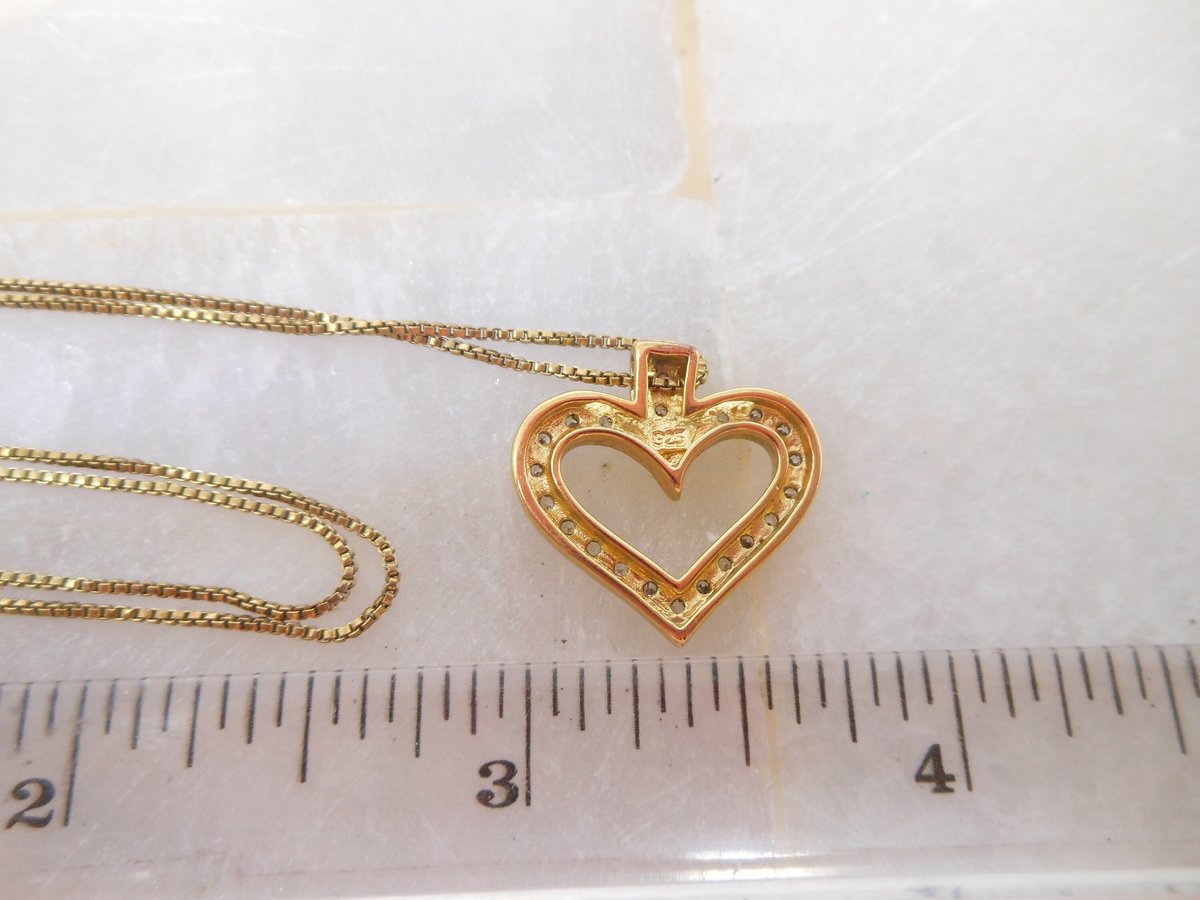Vintage STERLING SILVER Heart Necklace Pendant Gold Vermiel CZ Crystal 925 Valentine Love Jewelry Gift, VivianJoel.com
