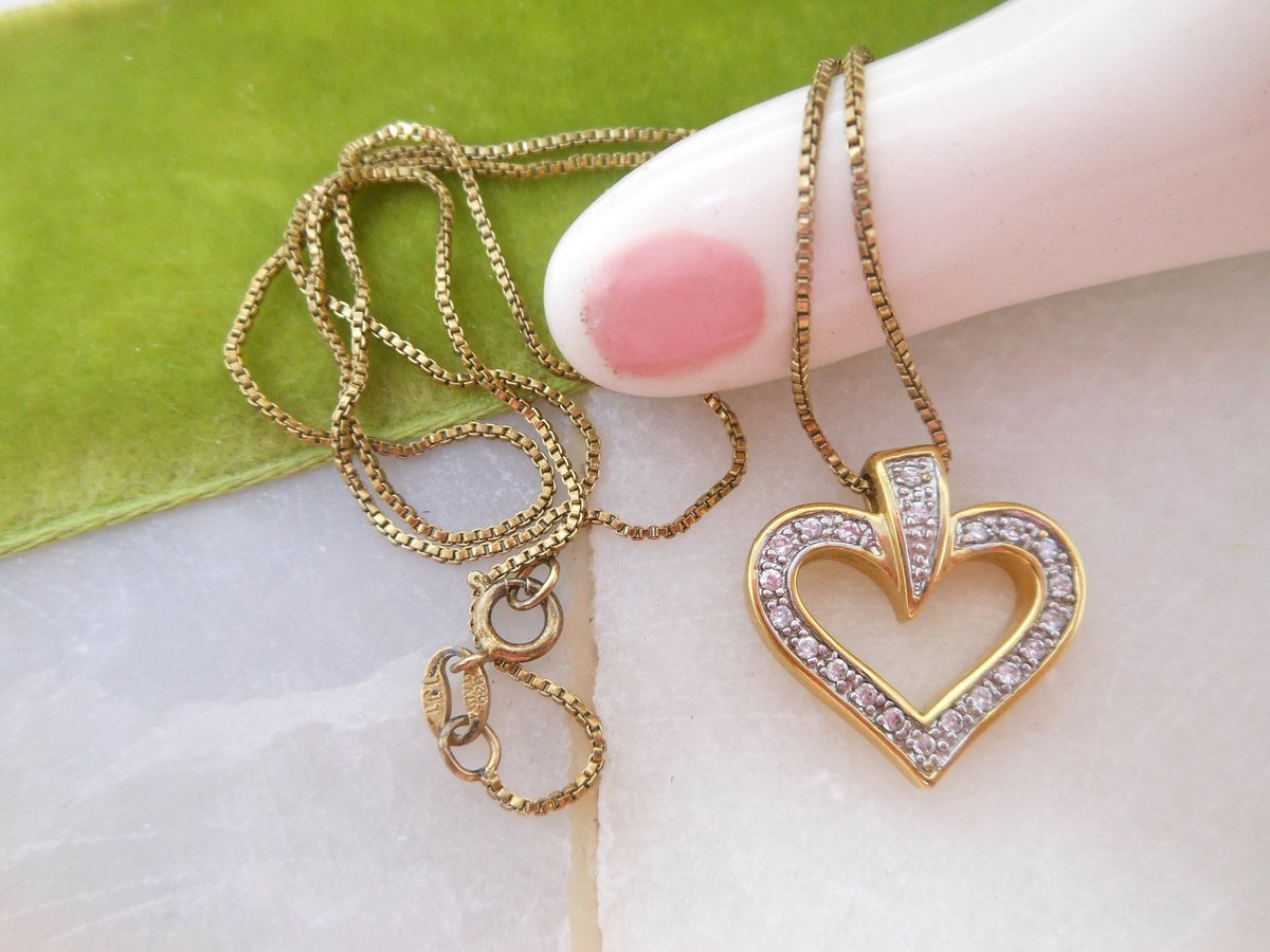 Vintage STERLING SILVER Heart Necklace Pendant Gold Vermiel CZ Crystal 925 Valentine Love Jewelry Gift, VivianJoel.com