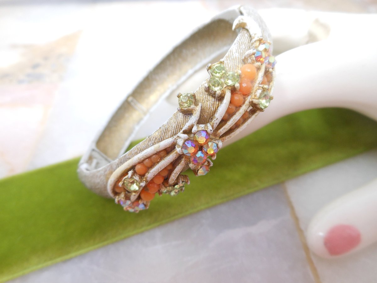 Vintage FLORENZA Ornate Rhinestone Bracelet Clamper Cuff Victorian Revival Designer Jewelry Gift Mid Century, VivianJoel.com